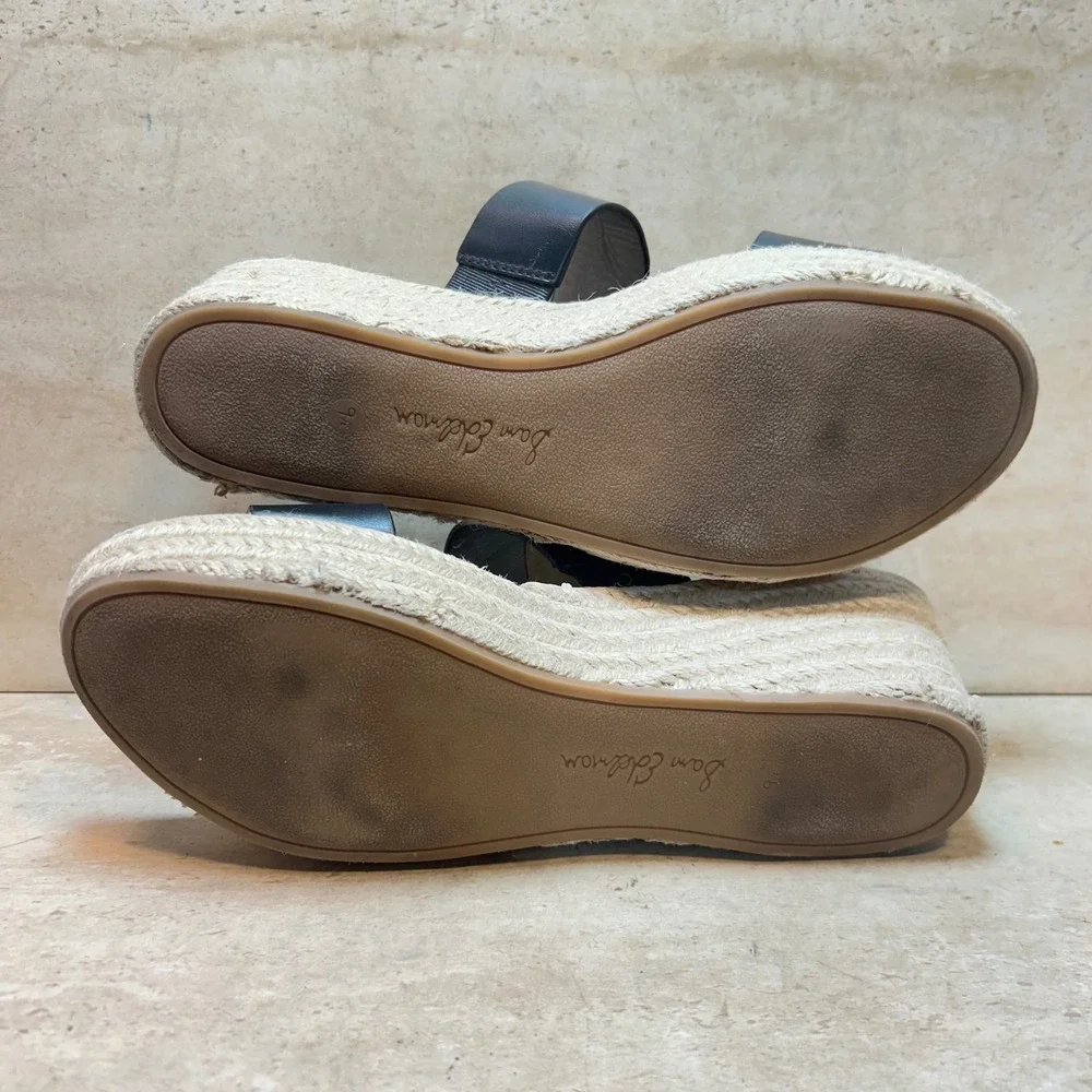 Sam Edelman Rubie Black Leather Double Strap Espadrille Wedge Sandals 9.5M